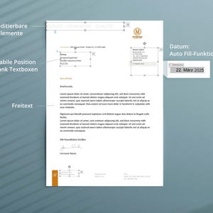 Pu&ograve; includere: Un documento bianco con testo e un logo. Il documento include la data "22. M&auml;rz 2025" e il testo "SERVICE - ERFAHRUNG - QUALIT&Auml;T". Il documento ha anche elementi modificabili e caselle di testo.
