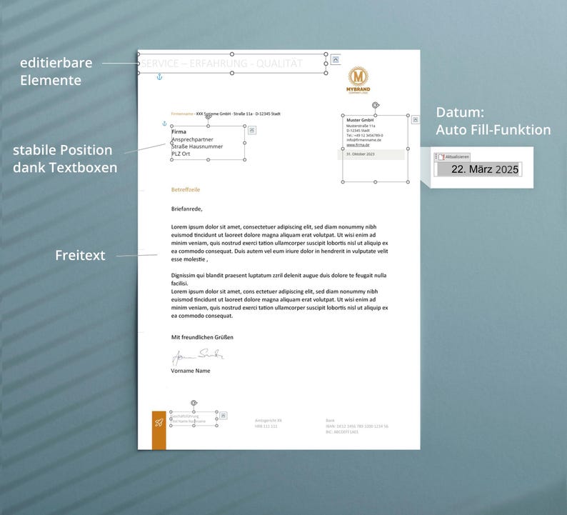 Pu&ograve; includere: Un documento bianco con testo e un logo. Il documento include la data "22. M&auml;rz 2025" e il testo "SERVICE - ERFAHRUNG - QUALIT&Auml;T". Il documento ha anche elementi modificabili e caselle di testo.