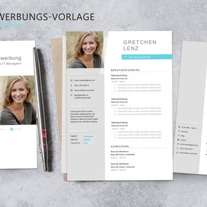 May include: A resume template with a light grey background and blue accents. The template includes a photo of a woman, a section for work experience, and a section for education. The text on the template is in German.