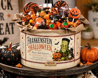 Frankenstein Halloween Tin Can Decor | Hand Painted Vintage Style Monster Tin