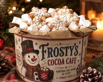 Frosty’s Cocoa Cafe Decor | Hand Painted Vintage Style Christmas Tin