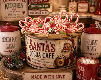 Santa’s Cocoa Cafe Decor | Hand Painted Vintage Style Christmas Tin
