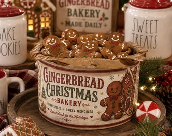 Gingerbread Christmas Bakery Can Decor | Hand Painted Vintage Style Christmas Tin