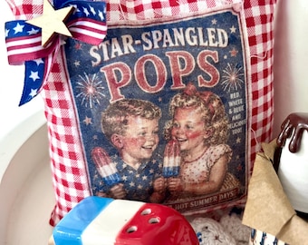 Star-Spangled Pops Vintage Patriotic Mini Pillow - Bomb Pops- July 4th - Tiered Tray Decor