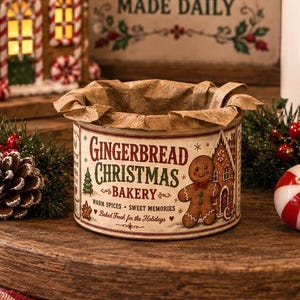 May include: Two white ceramic canisters with red lids, one labeled BAKE COOKIES and the other SWEET TREATS. A round tin labeled GINGERBREAD CHRISTMAS BAKERY sits in the center, accompanied by a gingerbread house, a sign, and a gingerbread cookie.