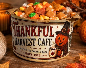 Thankful Harvest Cafe Tin Can Decor | Hand Painted Vintage Style Fall Tin