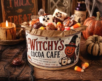 Witchy’s Cocoa Cafe Can | Hand Painted Vintage Style Halloween Decor - CANDY NOT INCLUDED