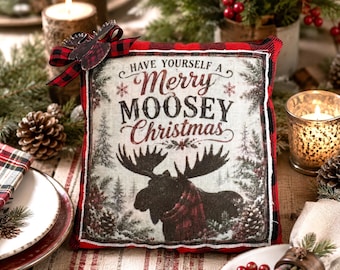 Merry Moosey Christmas Pillow | Buffalo Check Moose Holiday Pillow | Rustic Christmas Decor | Woodland Cabin Christmas Accent Pillow