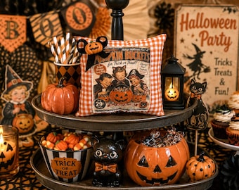 Vintage Halloween Mini Pillow - Tiered Tray Decor - Pumpkin Buckets - Trick or Treat