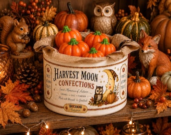 Harvest Moon Confections Tin | Hand Painted Vintage Style Fall Tin