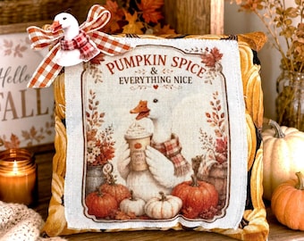 Pumpkin Spice Goose Pillow | Handmade Fall Decorative Pillow | Autumn Goose | Farmhouse Pumpkin Décor | Thanksgiving Accent Pillow