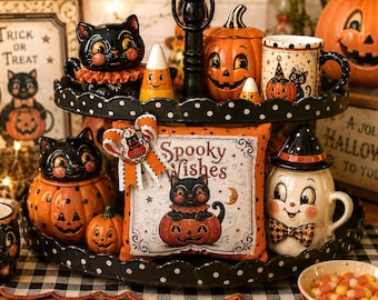 Spooky Wishes Black Cat Mini Pillow - Tiered Tray Decor - Halloween