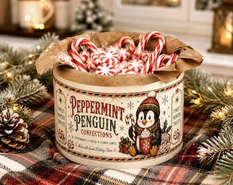 Peppermint Penguin Christmas Tin | Winter Tiered Tray Decor | Vintage Style Holiday Can