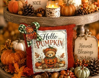 Hello Pumpkin Bear Mini Pillow - Tiered Tray Decor - Fall - Halloween