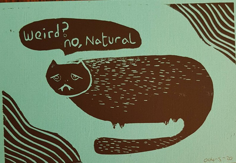 Linocut Print Exasperated Animals Cat Weird no Natural 004-5-20