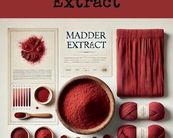 May include: A flat lay of red and purple yarn, dye powder, and fabric dyed with madder root extract. The image includes a color chart showing different shades of red. The text "Madder Extract" is visible on a card.