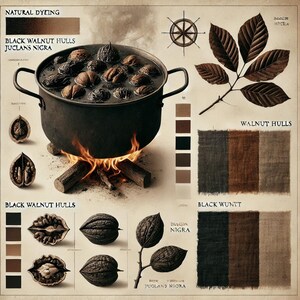 Peut inclure: Une illustration vintage représentant le processus de teinture naturelle à l'aide de coques de noix noires. L'image montre une casserole d'eau bouillante avec des coques de noix noires, un gros plan des coques et des échantillons de tissu teints dans différentes nuances de brun. Le texte "TEINTURE NATURELLE" est en haut de l'image, et le texte "NOIX NOIRES" est répété deux fois. Le texte "JUGLANS NIGRA" est également inclus.