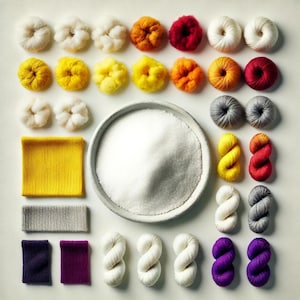 Op de afbeelding: Een verzameling kleurrijke garenballen, stoffen stalen en een kom met wit poeder. Het garen is in verschillende kleuren, waaronder geel, oranje, rood, wit, grijs en paars. De stoffen stalen zijn geel, grijs en paars.