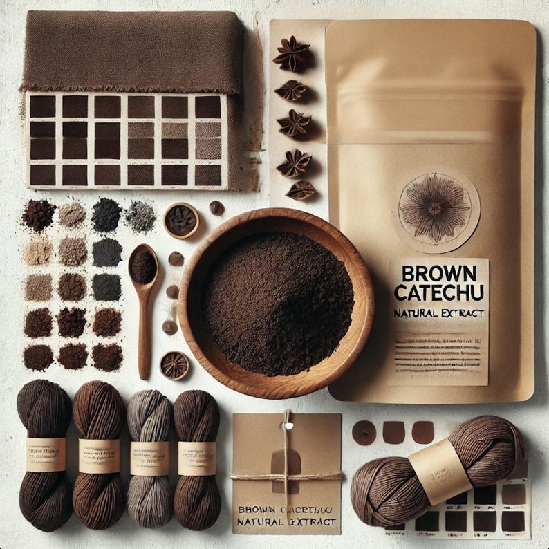 Peut inclure: Une collection d'ingr&eacute;dients de teinture brune et de fil. Les ingr&eacute;dients comprennent une poudre brune, un petit sac de poudre brune &eacute;tiquet&eacute; "Brown Catechu Natural Extract", et une vari&eacute;t&eacute; de petits contenants de poudre brune. Le fil est une vari&eacute;t&eacute; de nuances de brun et est dispos&eacute; en rang&eacute;e. L'image comprend &eacute;galement un bol en bois rempli de poudre brune.