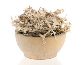 May include: A small wooden bowl filled with dried, light brown, and grey lichen.