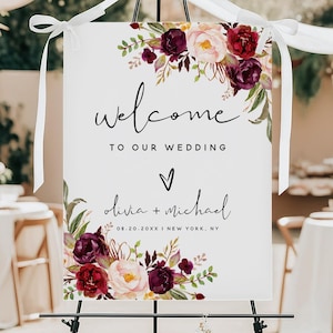 Etsy_SunshinePartyMoments_Personalized Wedding Welcome Sign: Dusty Pink Burgundy, Boho Floral Foam Board Poster | F2_cover_photo_1