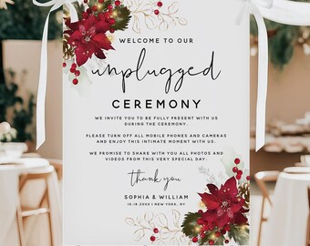 PRINTED + SHIPPED Personalized Christmas Unplugged Wedding Ceremony Sign: Poinsettia Floral Welcome Decor, Foam Board Poster | F25