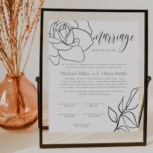 PRINTED + SHIPPED Personalized Marriage Certificate: Rose Floral Line Art | Minimalist Wedding Keepsake | 8x10" | F30