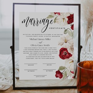 PRINTED + SHIPPED Personalized Marriage Certificate: White Red Rose | Boho Floral Wedding Keepsake | 8x10" Printed | F31