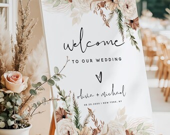 PRINTED + SHIPPED Personalized Wedding Welcome Sign: Boho Pampas Floral Foam Board Poster | F21