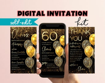 Modern Black Gold 60th Birthday Digital Invitation Template, Adult Birthday Party Evite, Custom DIY Editable Itinerary, Thank You eCard, M20