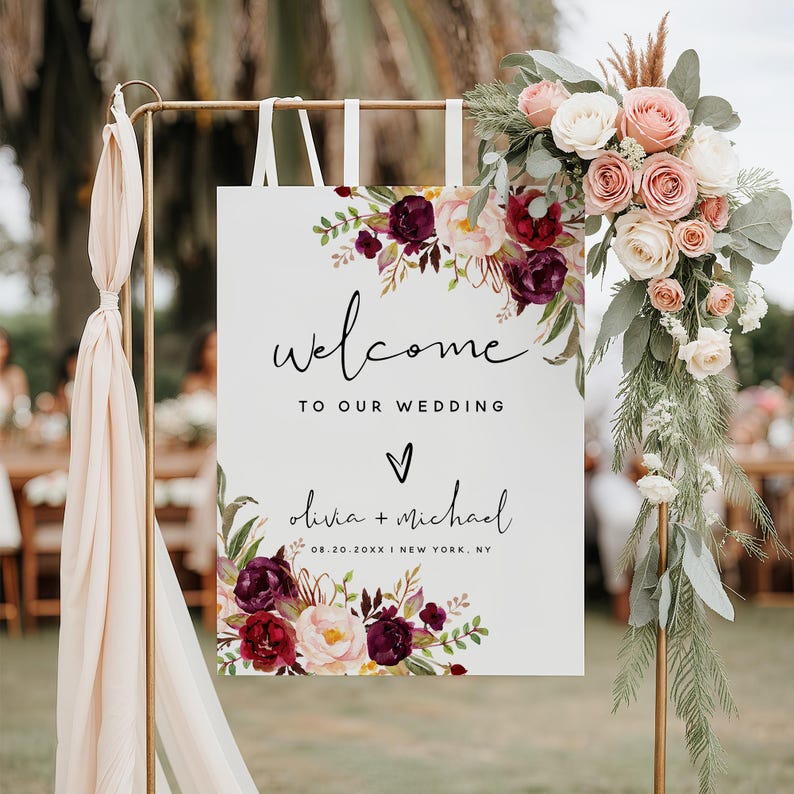 Etsy_SunshinePartyMoments_Personalized Wedding Welcome Sign: Dusty Pink Burgundy, Boho Floral Foam Board Poster | F2_cover_photo_4