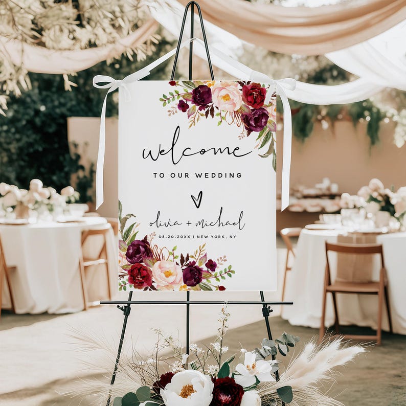 Etsy_SunshinePartyMoments_Personalized Wedding Welcome Sign: Dusty Pink Burgundy, Boho Floral Foam Board Poster | F2_cover_photo_8