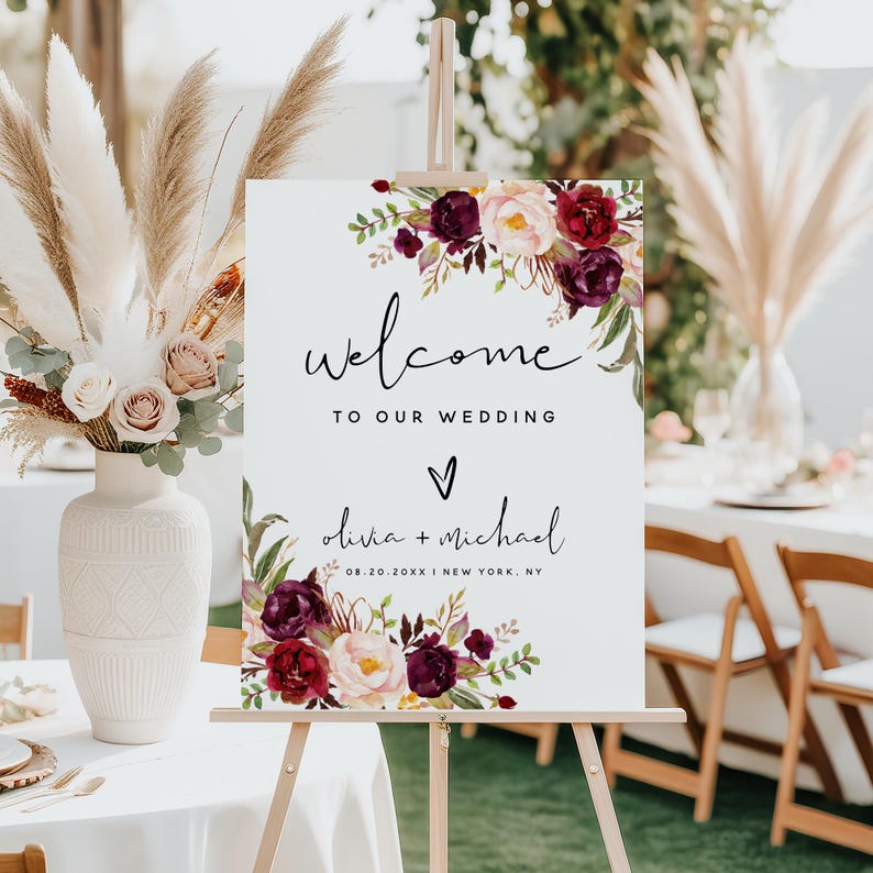 Etsy_SunshinePartyMoments_Personalized Wedding Welcome Sign: Dusty Pink Burgundy, Boho Floral Foam Board Poster | F2_cover_photo_5