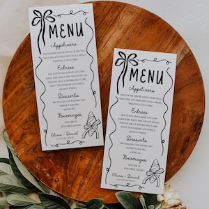 IMPRIMÉ + EXPÉDIÉ 4 x 9" carte de menu fantaisiste | Cartes de menu de réception personnalisées | Carte de menu de dîner de mariage | Menu de noeud manuscrit moderne | W2