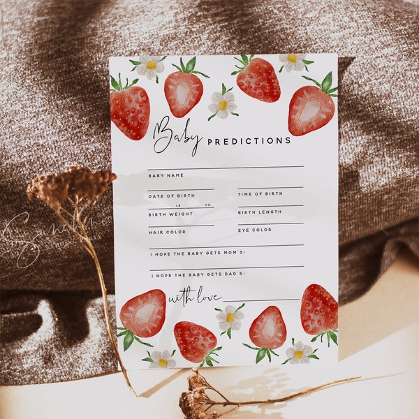 Strawberry Baby Predictions Cards Template, Baby Shower Prediction Game, DIY Baby Shower Game Cards, Editable Template, Digital Download, B1