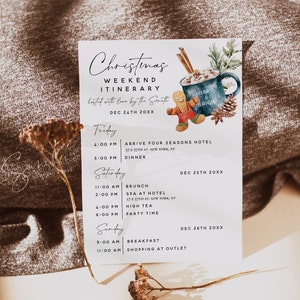 Plantilla de itinerario navideño, cronograma de itinerario de fin de semana navideño, itinerario imprimible para vacaciones, itinerario editable, tarjeta de itinerario