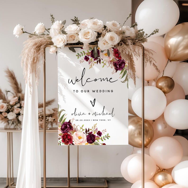 Etsy_SunshinePartyMoments_Personalized Wedding Welcome Sign: Dusty Pink Burgundy, Boho Floral Foam Board Poster | F2_cover_photo_6