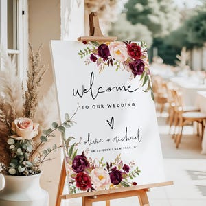 Etsy_SunshinePartyMoments_Personalized Wedding Welcome Sign: Dusty Pink Burgundy, Boho Floral Foam Board Poster | F2_cover_photo_2