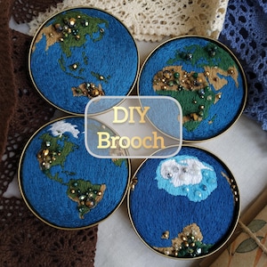 May include: Four embroidered brooches featuring a blue globe with green continents and gold accents. The text "DIY Brooch" is superimposed on the image.