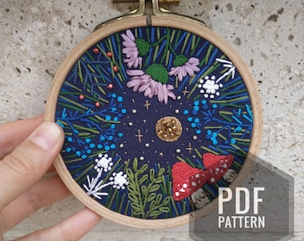 Può includere: Arte di ricamo a cerchio con sfondo blu scuro che presenta una varietà di motivi floreali e di fogliame, tra cui funghi, bacche e foglie. Il cerchio è in legno e ha una chiusura in metallo dorato.