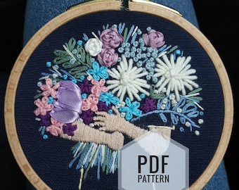 PDF hand embroidery pattern / Bouquet of flowers in the hands of a person / DIY Embroidered hoop