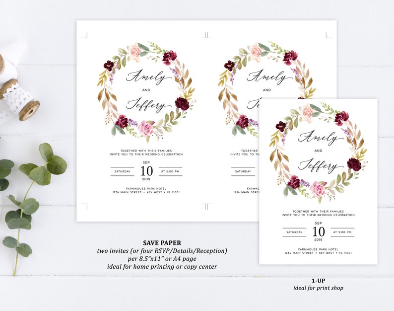 Moody and Rustic Floral Wedding Invitation Set INSTANT DOWNLOAD 100/% Editable Template Gold Leaves Boho  Wreath Bundle Elegant Invite