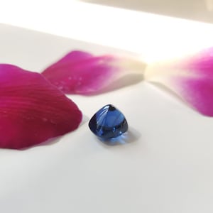 Op de afbeelding: Een driehoekige, diepblauwe edelsteen met een facetgeslepen oppervlak. De edelsteen ligt tegen een witte achtergrond, met twee levendige roze en paarse bloemblaadjes op de achtergrond.
