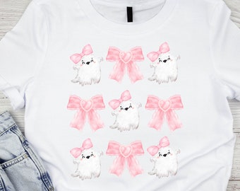 Camiseta Coquette de Halloween, Camiseta de fantasmas y lazos rosas