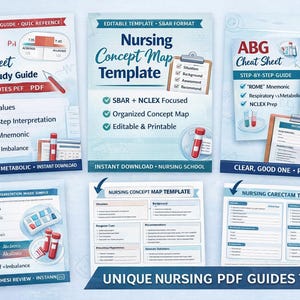 May include: A selection of printable nursing study guides and templates. The guides include ABG cheat sheets, concept maps, and care plans. The guides cover topics like normal values, step-by-step interpretation, and the "ROME" mnemonic. The guides are designed for nursing students.