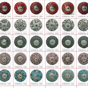 Peut inclure: Une collection de boutons de meubles d&eacute;coratifs en c&eacute;ramique de diff&eacute;rentes couleurs et motifs. Les boutons sont ronds avec des motifs floraux et g&eacute;om&eacute;triques, et le texte "CHEMICAL" suivi d'un num&eacute;ro est imprim&eacute; en dessous.