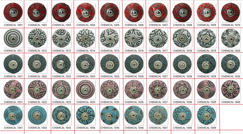 Peut inclure: Une collection de boutons de meubles d&eacute;coratifs en c&eacute;ramique de diff&eacute;rentes couleurs et motifs. Les boutons sont ronds avec des motifs floraux et g&eacute;om&eacute;triques, et le texte "CHEMICAL" suivi d'un num&eacute;ro est imprim&eacute; en dessous.