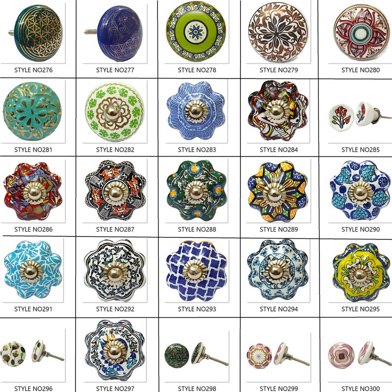 Peut inclure: Une collection de boutons de meubles d&eacute;coratifs en c&eacute;ramique de diff&eacute;rents styles. Les boutons pr&eacute;sentent divers motifs, notamment floraux, g&eacute;om&eacute;triques et abstraits, avec des couleurs vari&eacute;es comme le bleu, le vert, le rouge et le blanc. Chaque bouton a une tige m&eacute;tallique pour l'installation.
