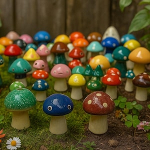 May include: A collection of colorful, whimsical mushroom figurines in various sizes and designs. The mushrooms feature vibrant colors like red, blue, green, and yellow, with some adorned with white polka dots. They are arranged on a bed of green moss.