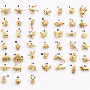 Può includere: Una collezione di piccoli ciondoli in metallo dorato in varie forme di animali e oggetti. I ciondoli includono una libellula, un dinosauro, una rondine, un fiocco, un cavalluccio marino, un'ape, una testa di cervo, uno scoiattolo e altro.